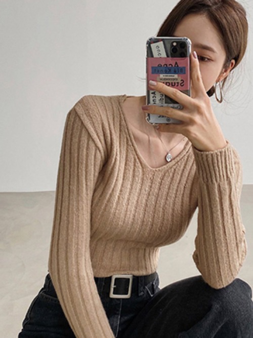 일상화보 글램 여성 브이넥 니트 여자 스웨터 골지 티셔츠 봄 가을 겨울